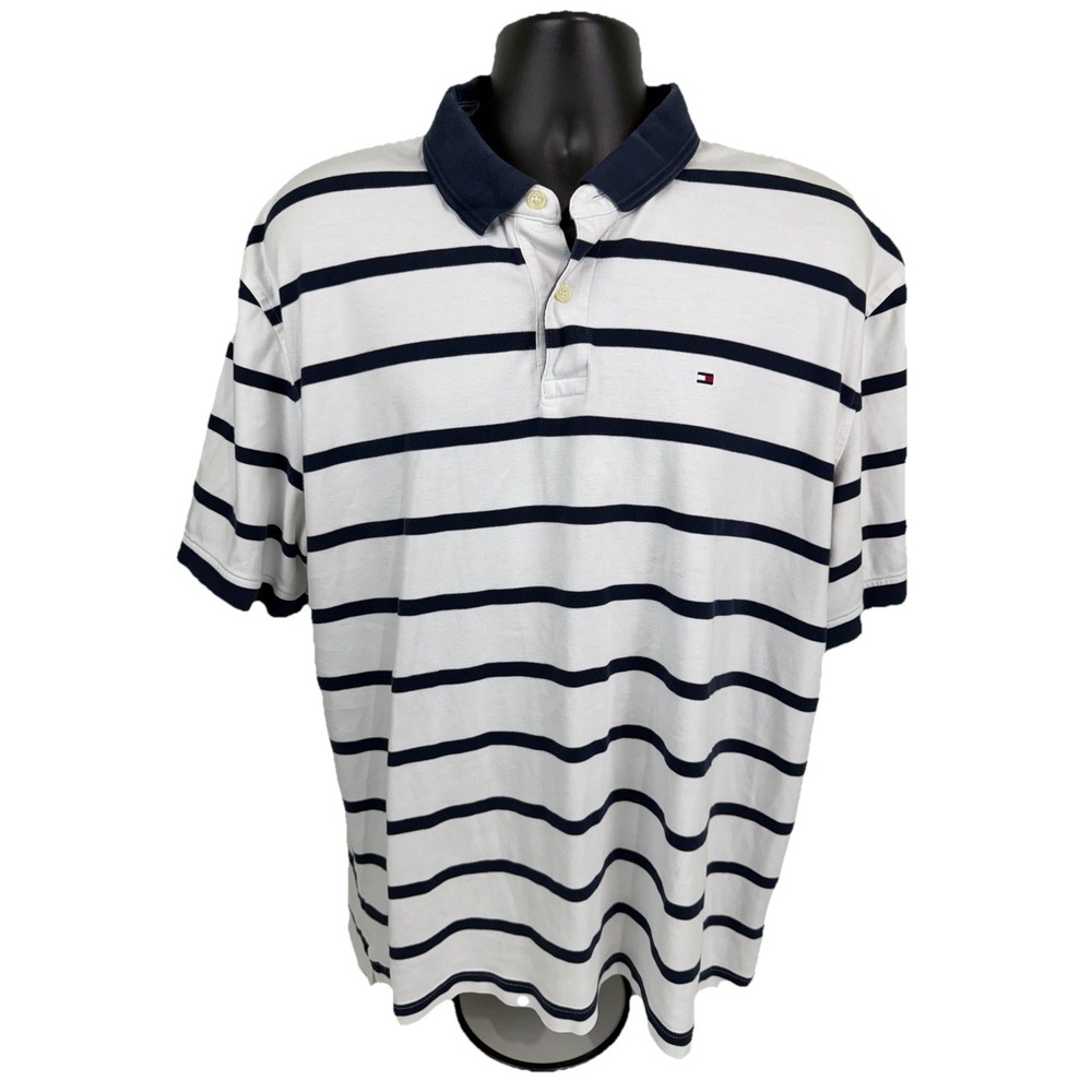 Tommy Hilfiger Polo Shirt XXL Mens Blue‎ White Striped Cotton